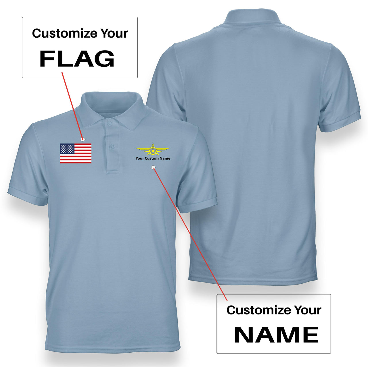 Custom Flag & Name with "Badge 3" Designed Polo T-Shirts