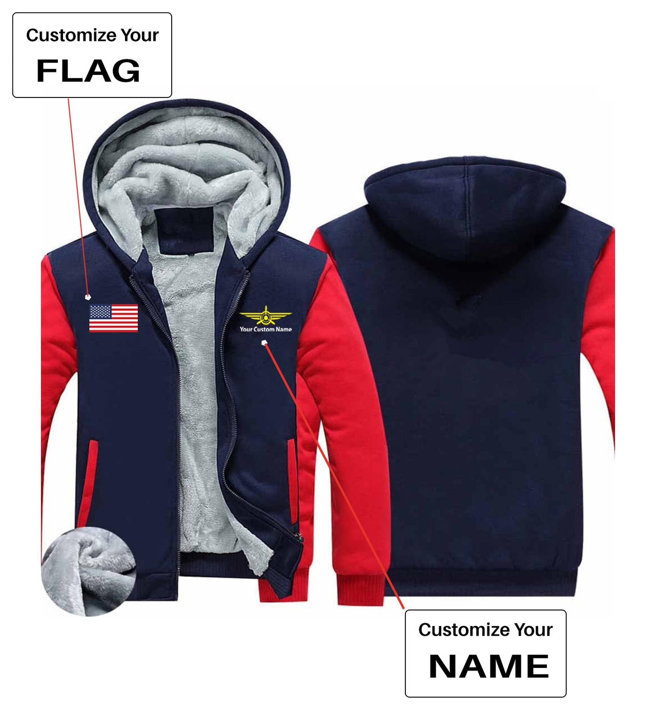 Your Custom Name & Flag (Badge 3) Designed Zipped Sweatshirts