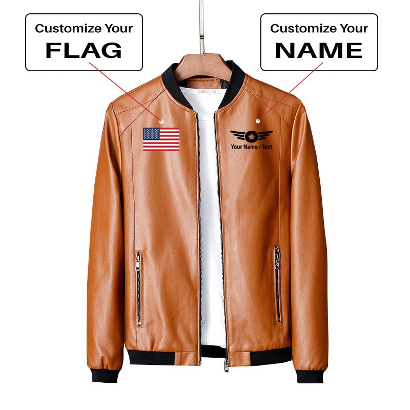 Custom Flag & Name with "Badge 4" Designed PU Leather Jackets