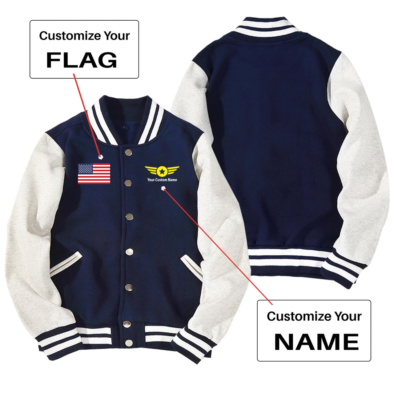 Custom Flag & Name with "Badge 4" Designed Baseball Style Jackets