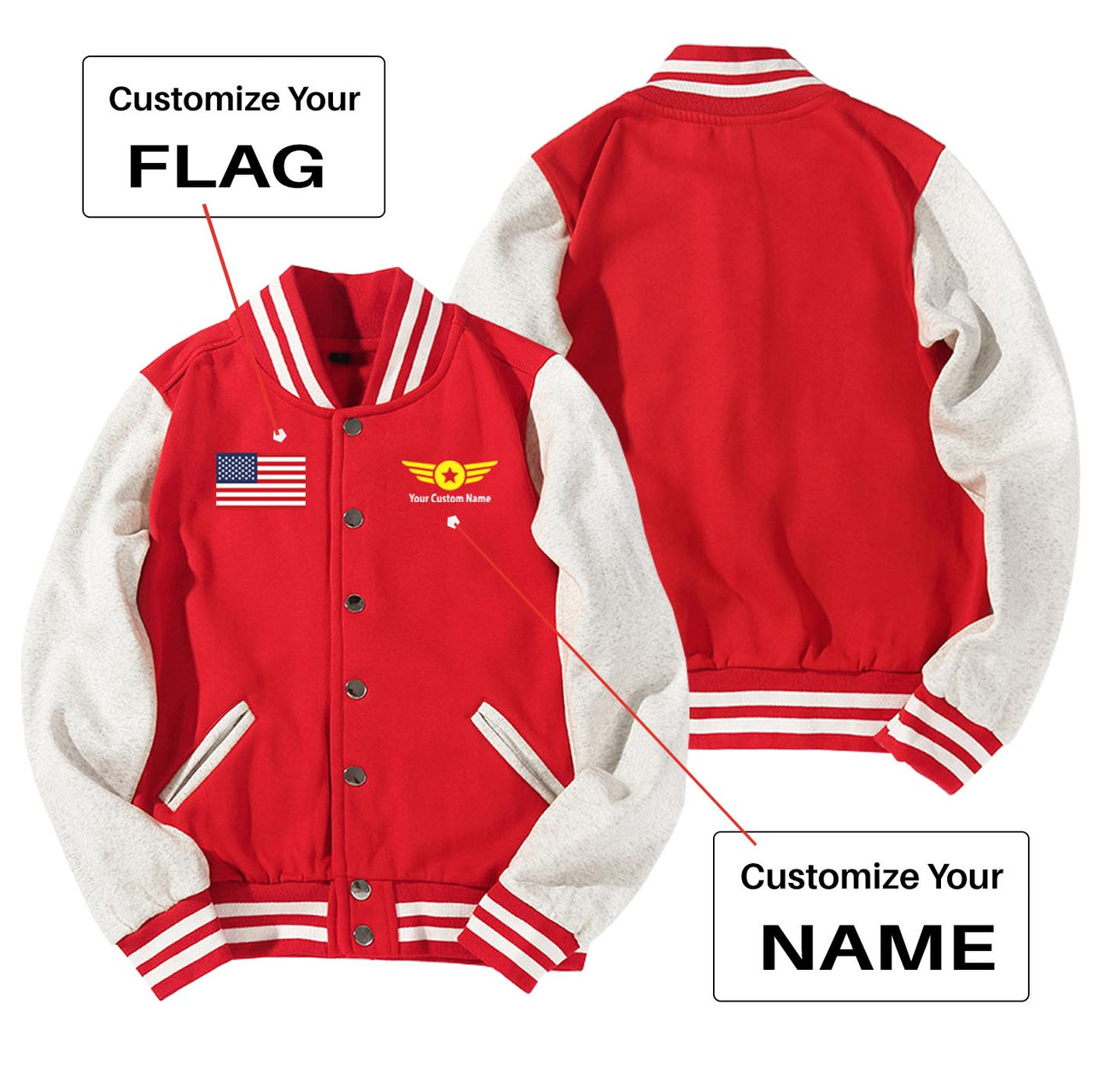 Custom Flag & Name with "Badge 4" Designed Baseball Style Jackets