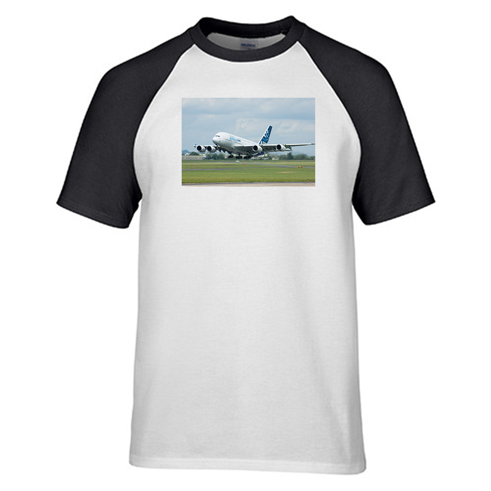 Departing Airbus A380 with Original Livery Designed Raglan T-Shirts
