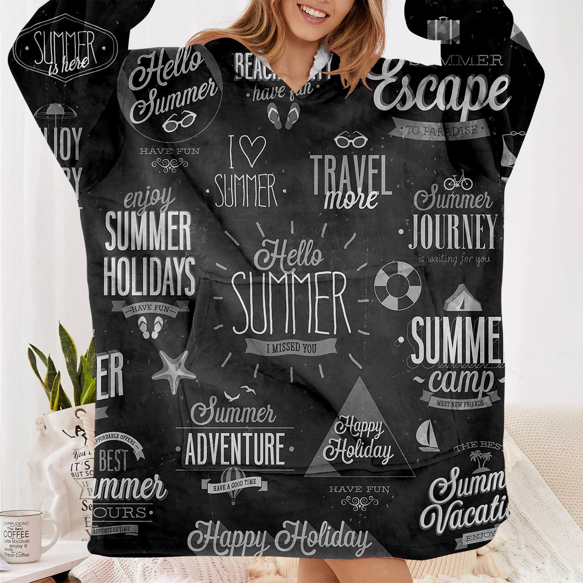 Black & White Super Travel Icons Designed Blanket Hoodies