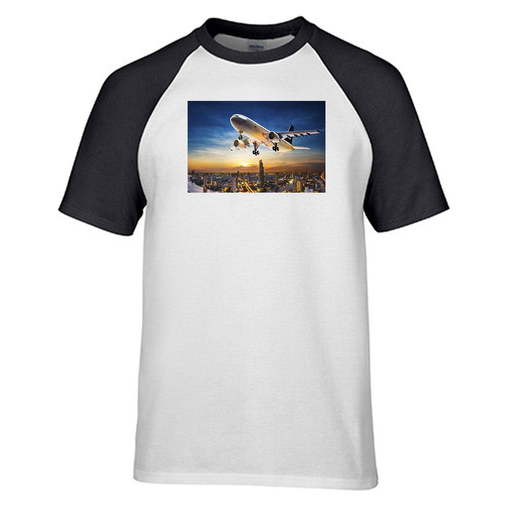 Super Aircraft over City at Sunset Designed Raglan T-Shirts