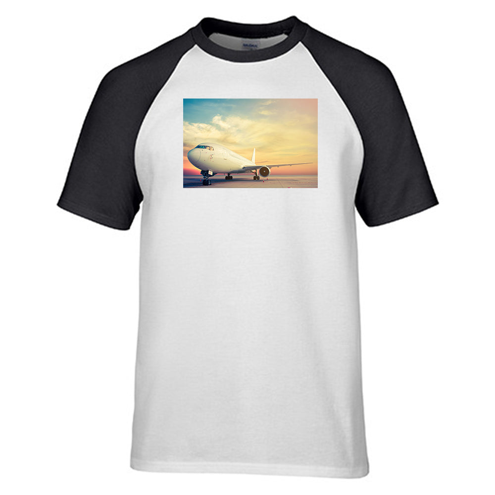 Parked Aircraft During Sunset Designed Raglan T-Shirts