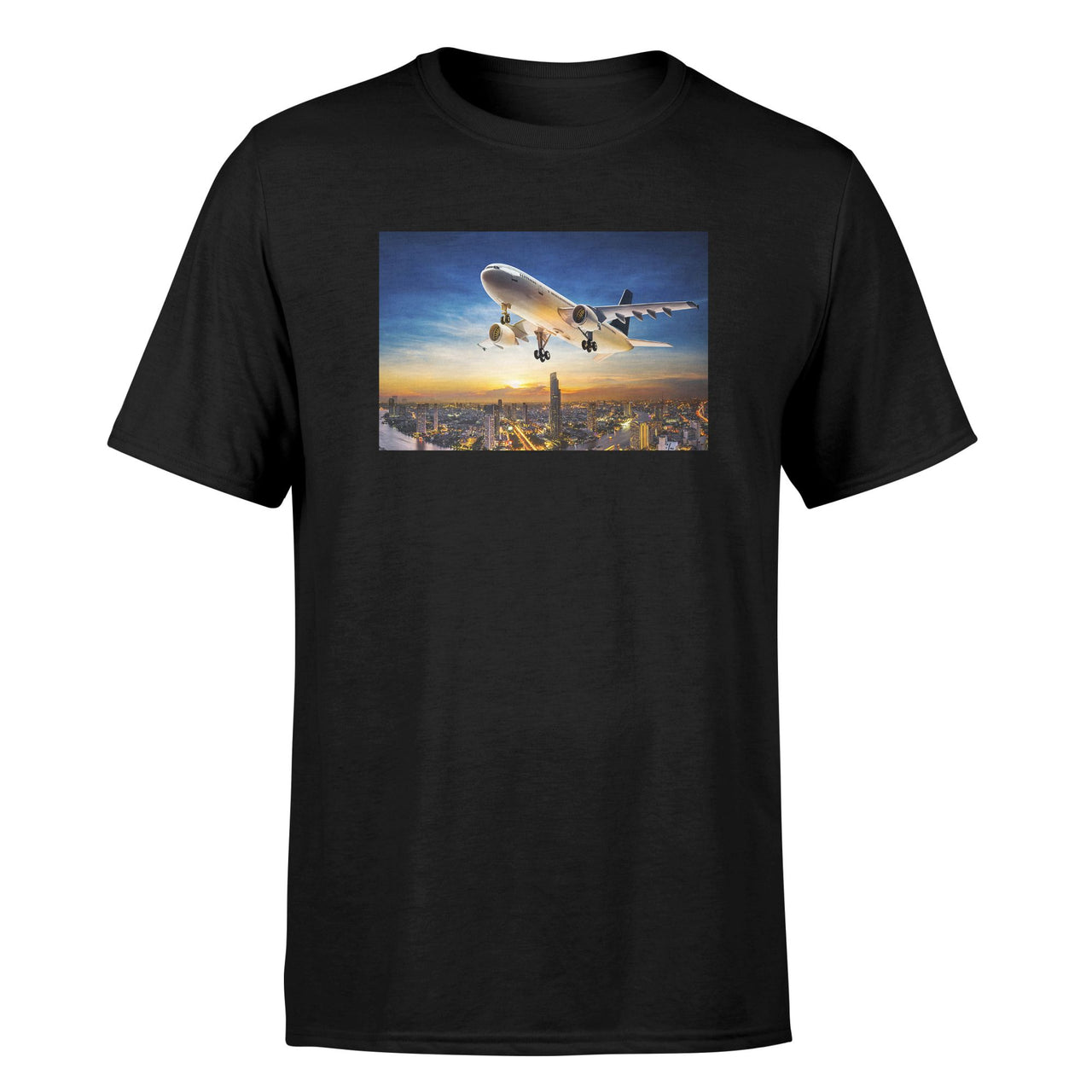 Super Aircraft over City at Sunset Designed T-Shirts