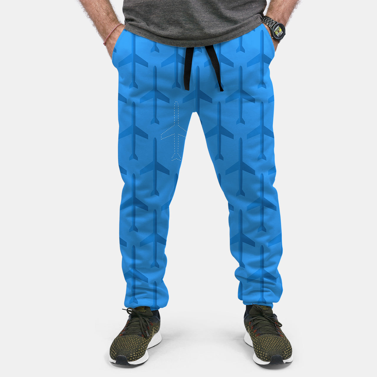 Blue Seamless Airplanes Designed Sweat Pants & Trousers