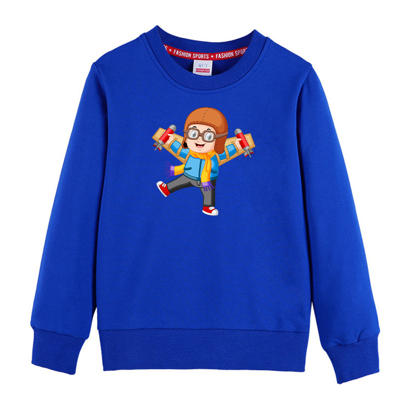 Cute Little Boy Pilot Costume Playing With Wings Designed "CHILDREN" Sweatshirts