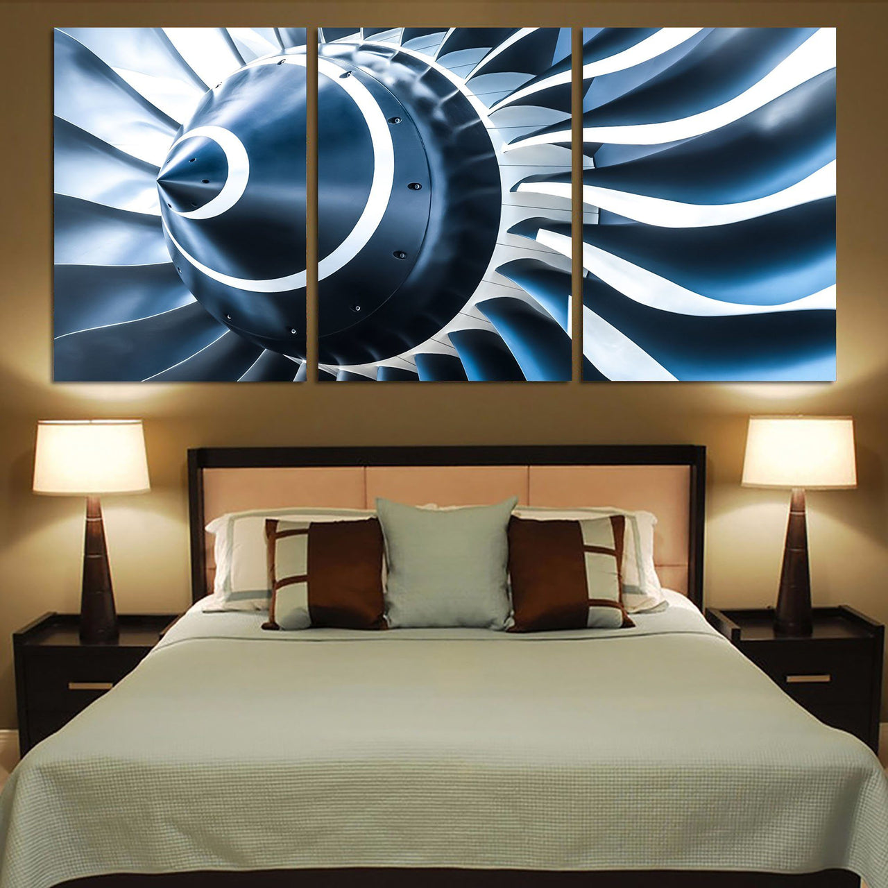 Blue Toned Super Jet Engine Blades Closeup Printed Canvas Posters (3 Pieces) Aviation Shop 