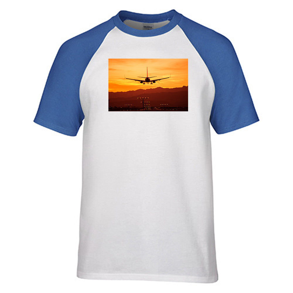 Landing Aircraft During Sunset Designed Raglan T-Shirts