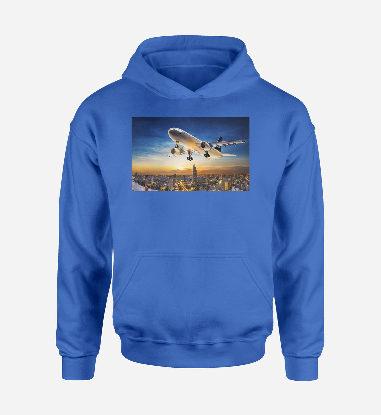 Super Aircraft over City at Sunset Designed Hoodies