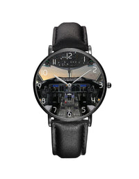 Thumbnail for Boeing 787 Cockpit Leather Strap Watches Pilot Eyes Store Black & Black Leather Strap 