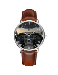 Thumbnail for Boeing 787 Cockpit Leather Strap Watches Pilot Eyes Store Silver & Brown Leather Strap 