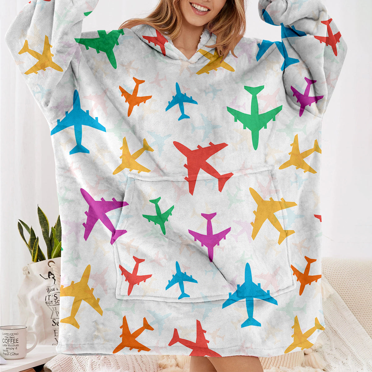 Cheerful Seamless Airplanes Designed Blanket Hoodies