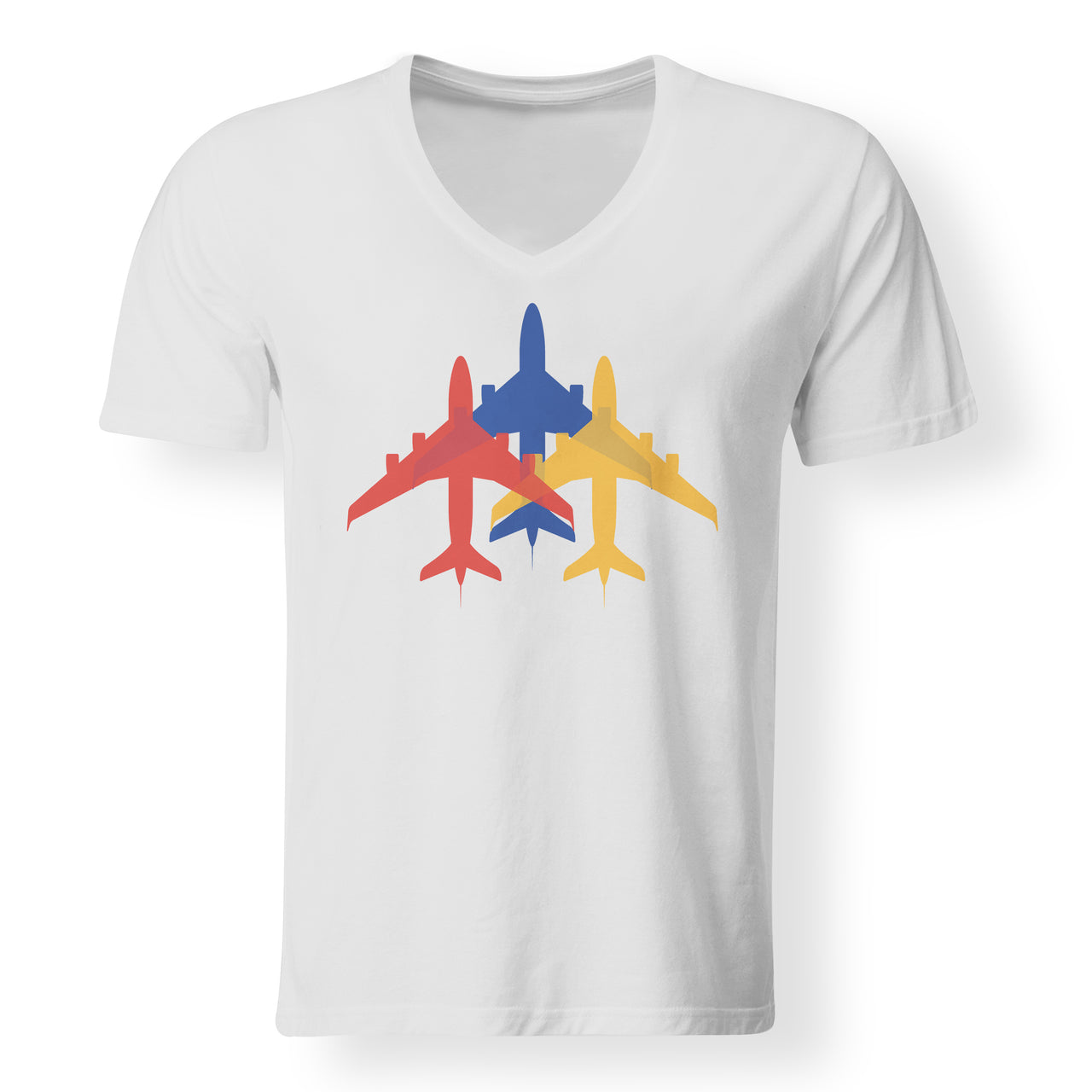Colourful 3 Airplanes Designed V-Neck T-Shirts