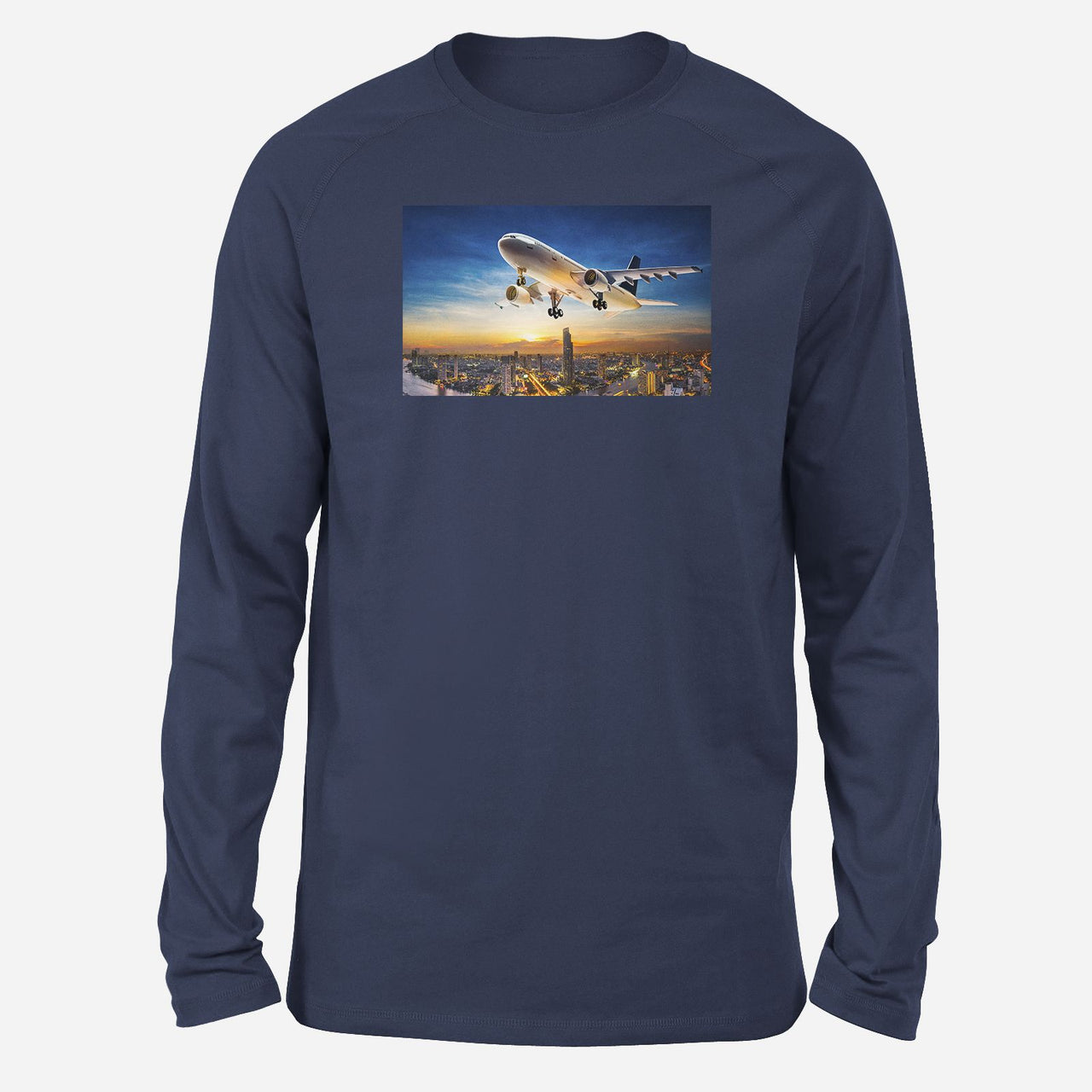 Super Aircraft over City at Sunset Designed Long-Sleeve T-Shirts