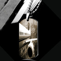 Thumbnail for Departing Aircraft & City Scene behind Designed Metal Necklaces