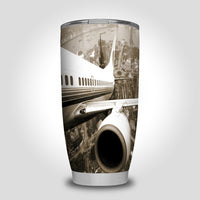 Thumbnail for Departing Aircraft & City Scene behind Designed Tumbler Travel Mugs
