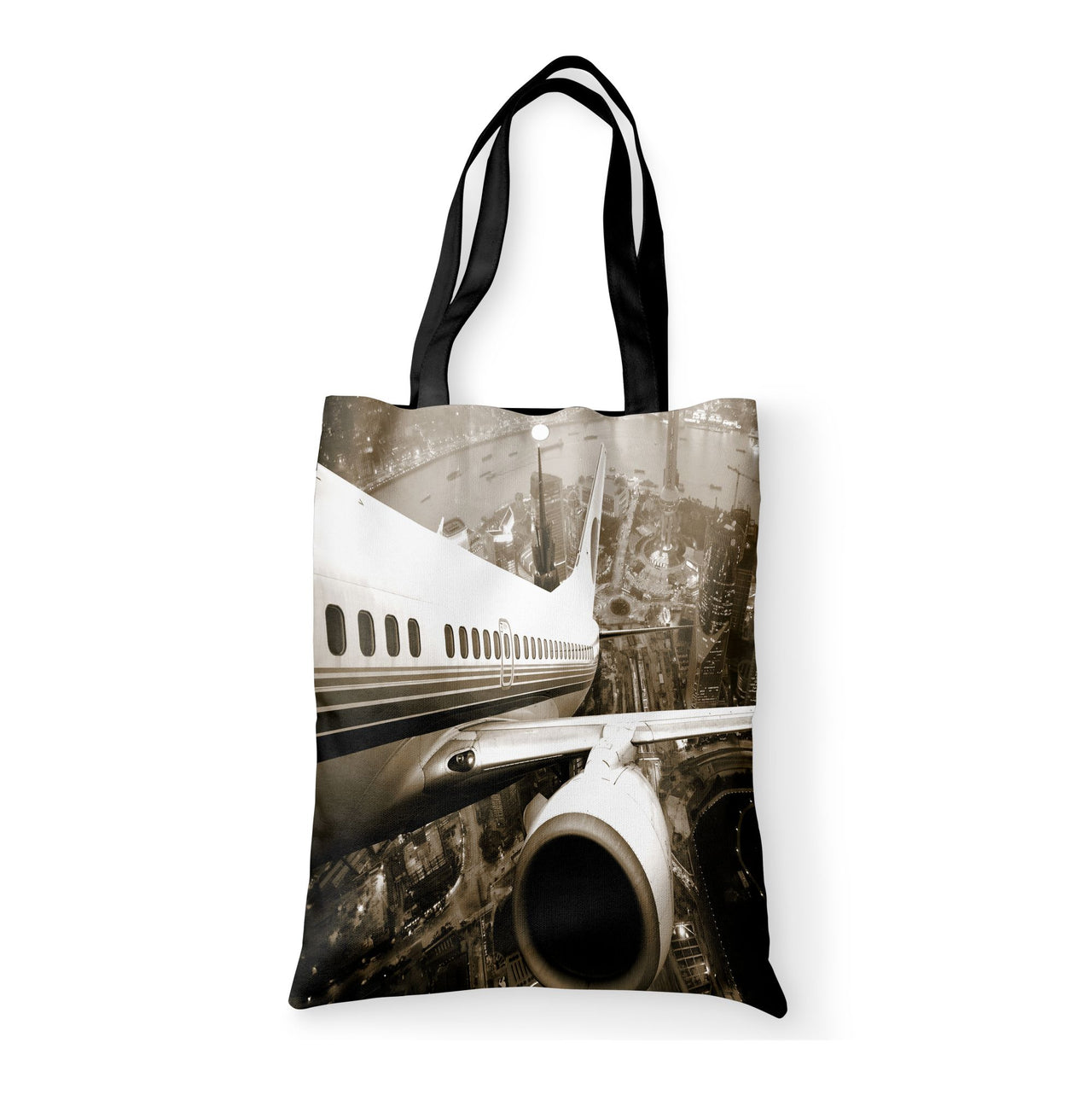 Departing Aircraft & City Scene behind Designed Tote Bags