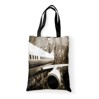 Thumbnail for Departing Aircraft & City Scene behind Designed Tote Bags