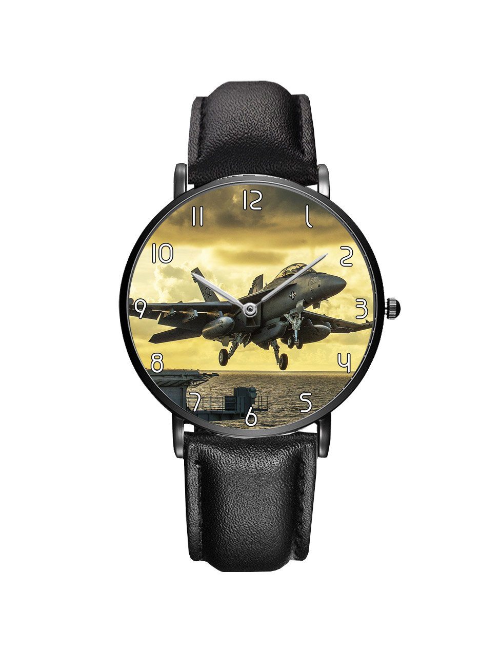 Departing Jet Aircraft Printed Leather Strap Watches Aviation Shop Black & Black Leather Strap 