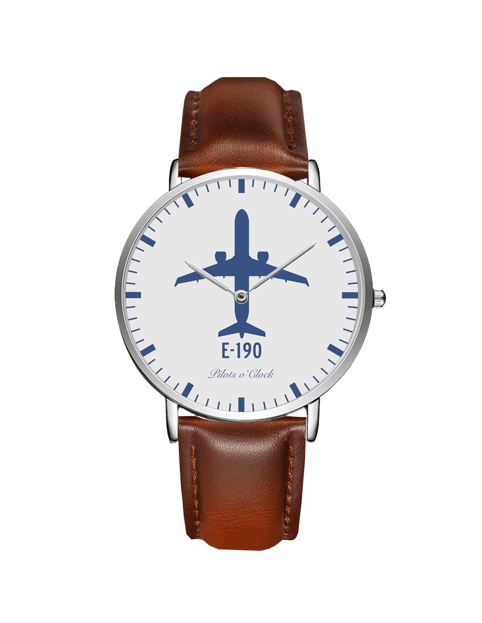 Embraer E190 Leather Strap Watches Pilot Eyes Store Silver & Brown Leather Strap 