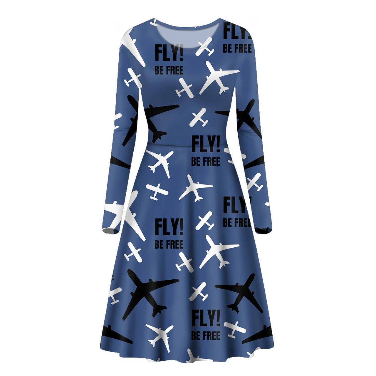Fly Be Free Blue Designed Long Sleeve Women Midi Dress