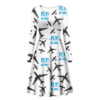 Thumbnail for Fly Be Free White Designed Long Sleeve Women Midi Dress