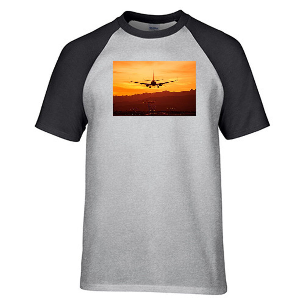 Landing Aircraft During Sunset Designed Raglan T-Shirts