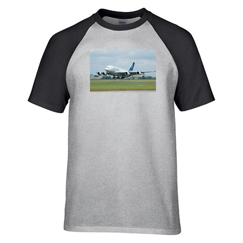 Departing Airbus A380 with Original Livery Designed Raglan T-Shirts