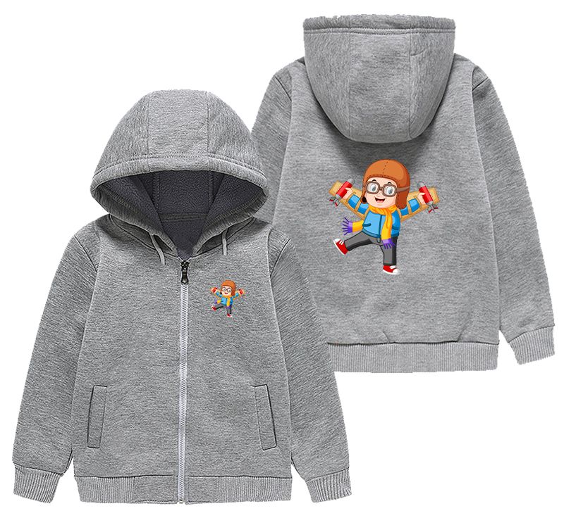 Cute Little Boy Pilot Costume Playing With Wings Designed "CHILDREN" Zipped Hoodies