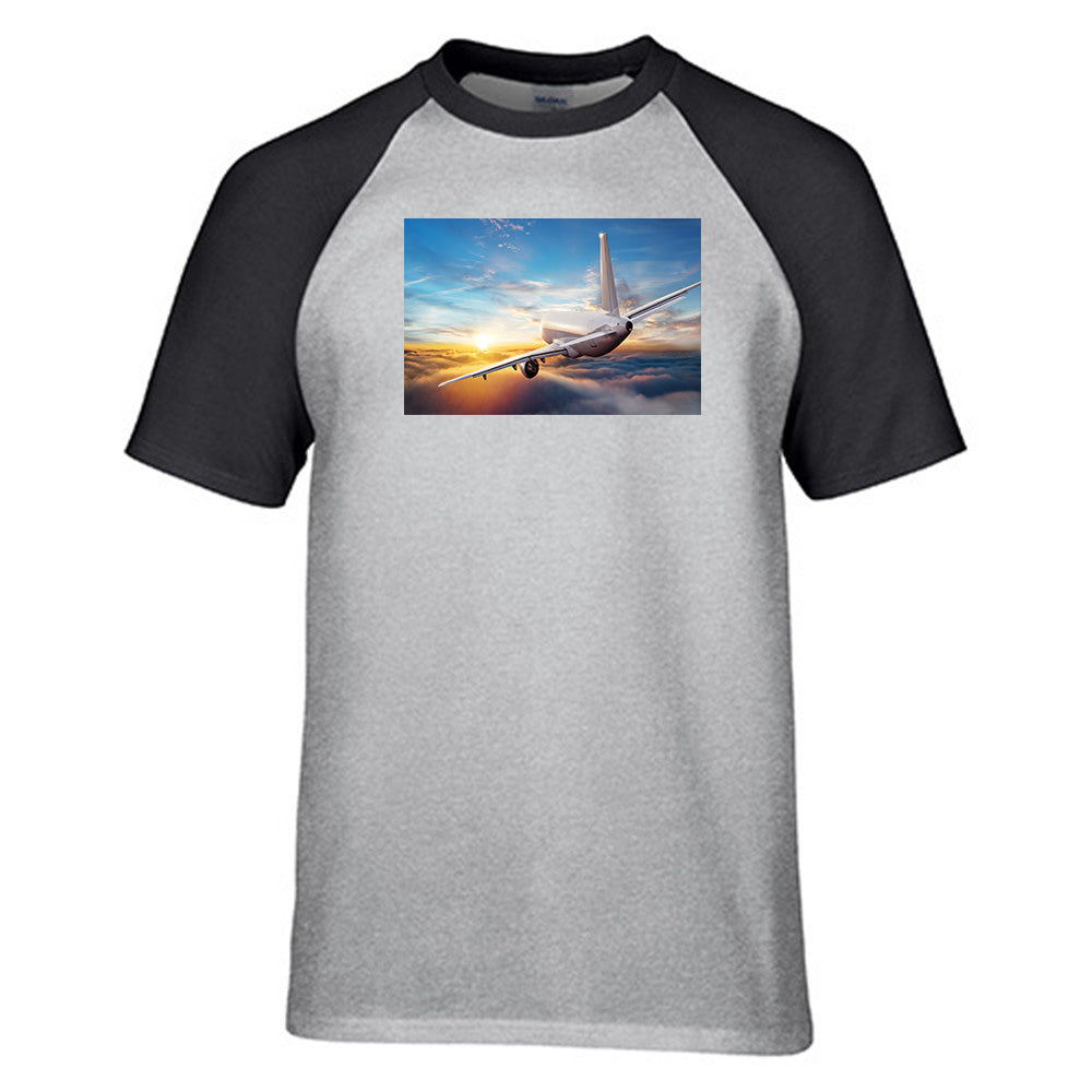 Airliner Jet Cruising over Clouds Designed Raglan T-Shirts