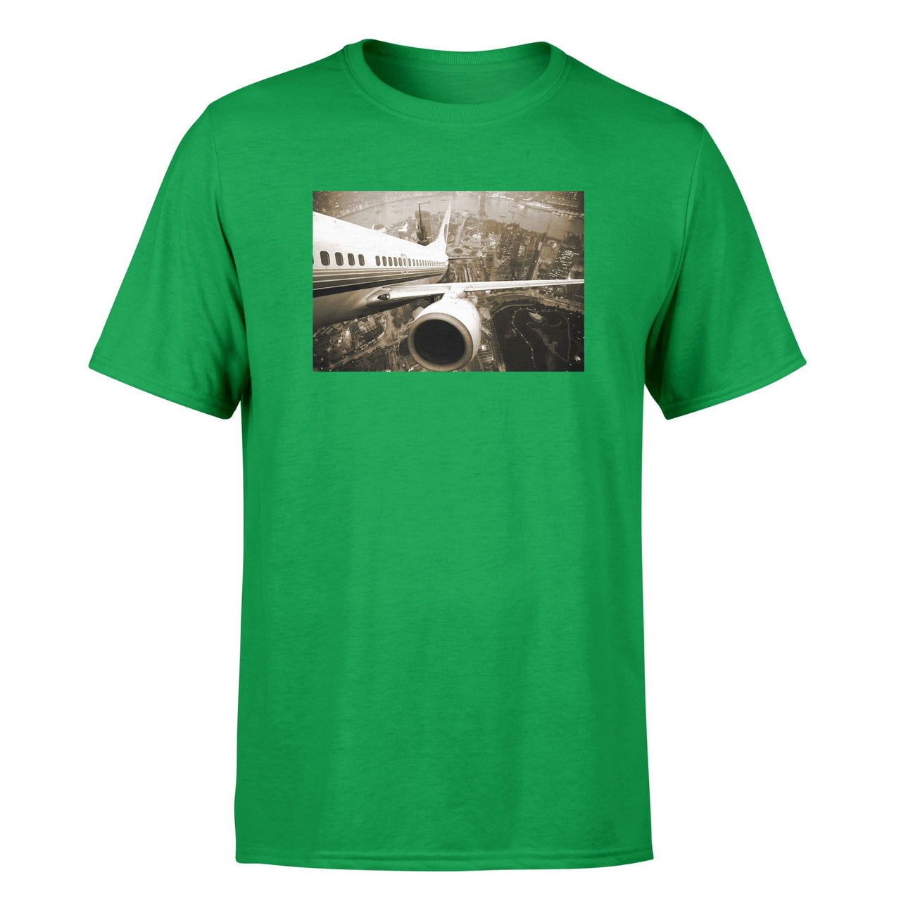 Departing Aircraft & City Scene behind Designed T-Shirts