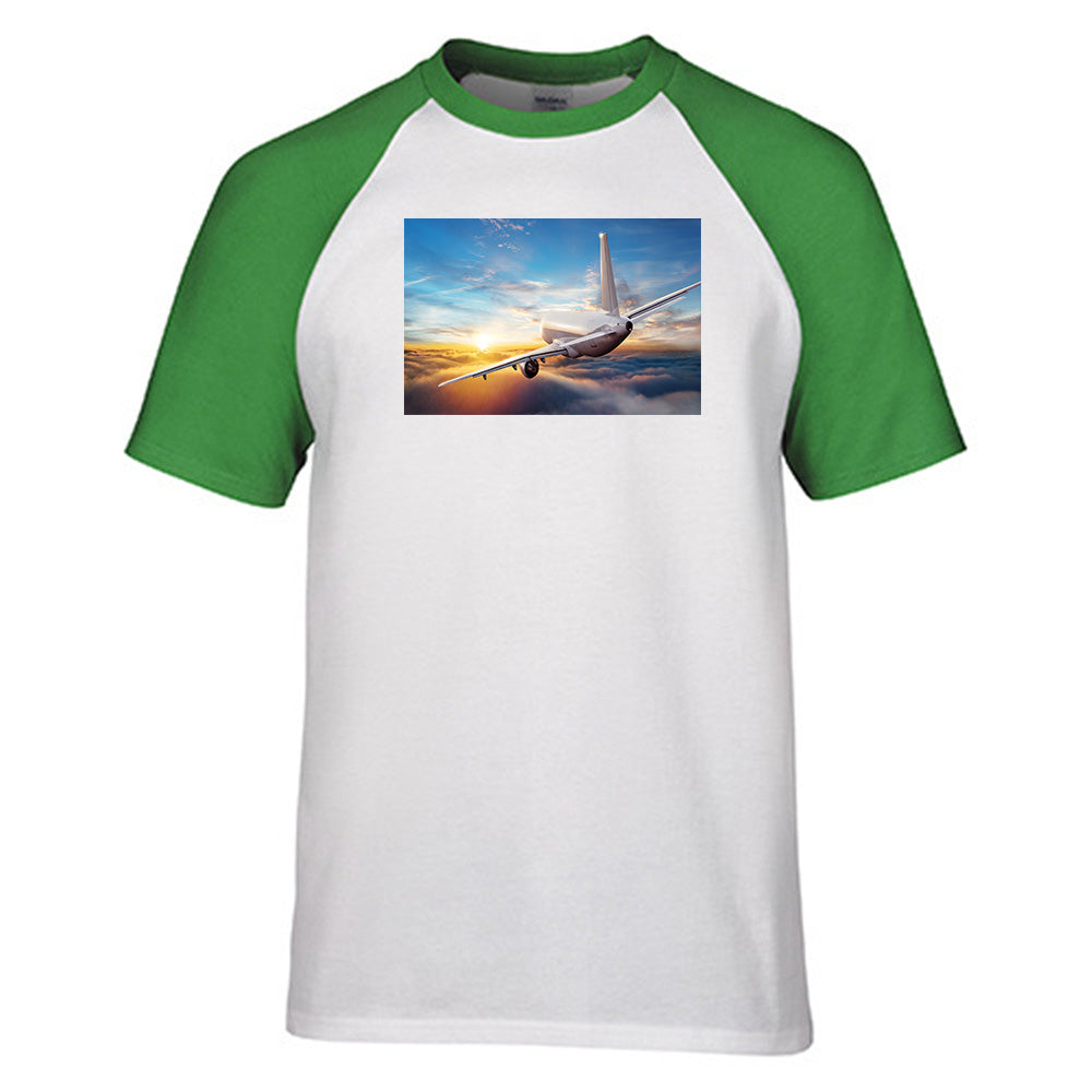 Airliner Jet Cruising over Clouds Designed Raglan T-Shirts