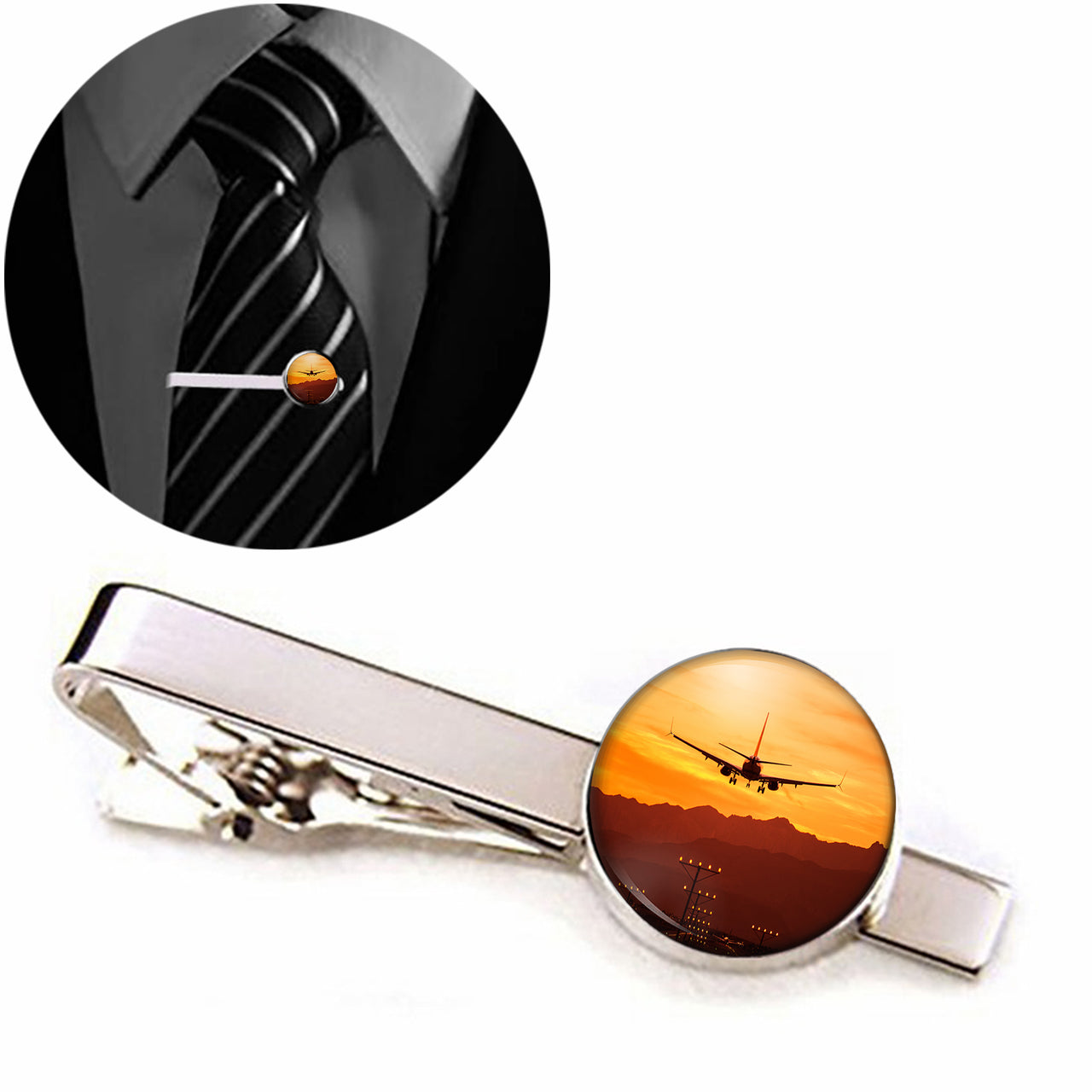 Landing Aircraft During Sunset Designed Tie Clips