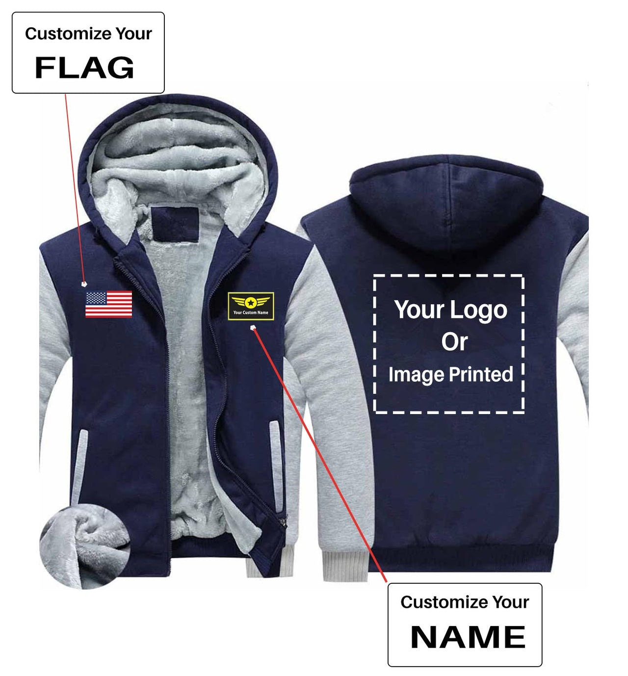 Your Custom Name & Flag + Logo Printed Zipped Sweatshirts