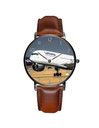 Thumbnail for Lutfhansa A350 Printed Leather Strap Watches Aviation Shop Black & Brown Leather Strap 