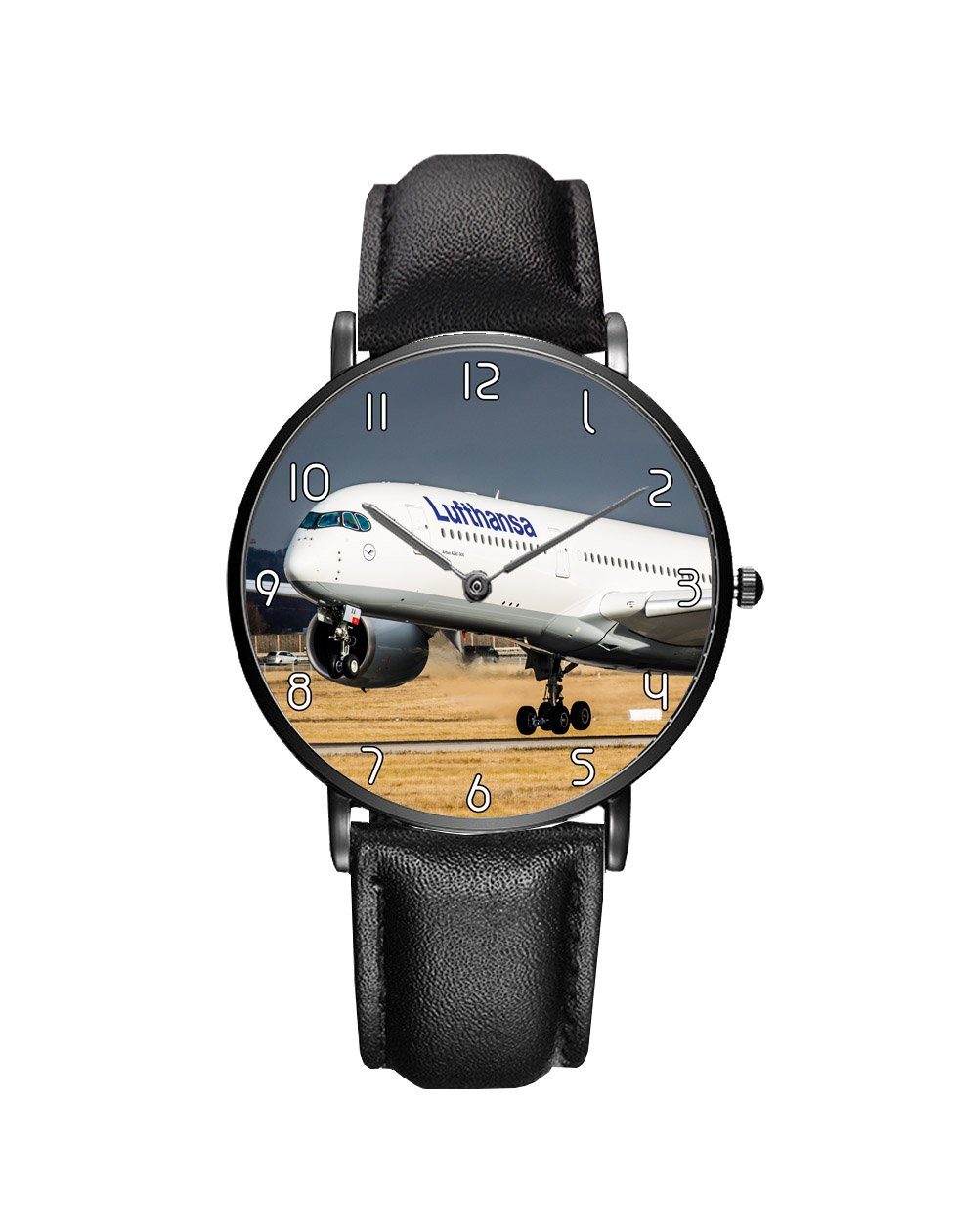 Lutfhansa A350 Printed Leather Strap Watches Aviation Shop Black & Black Leather Strap 