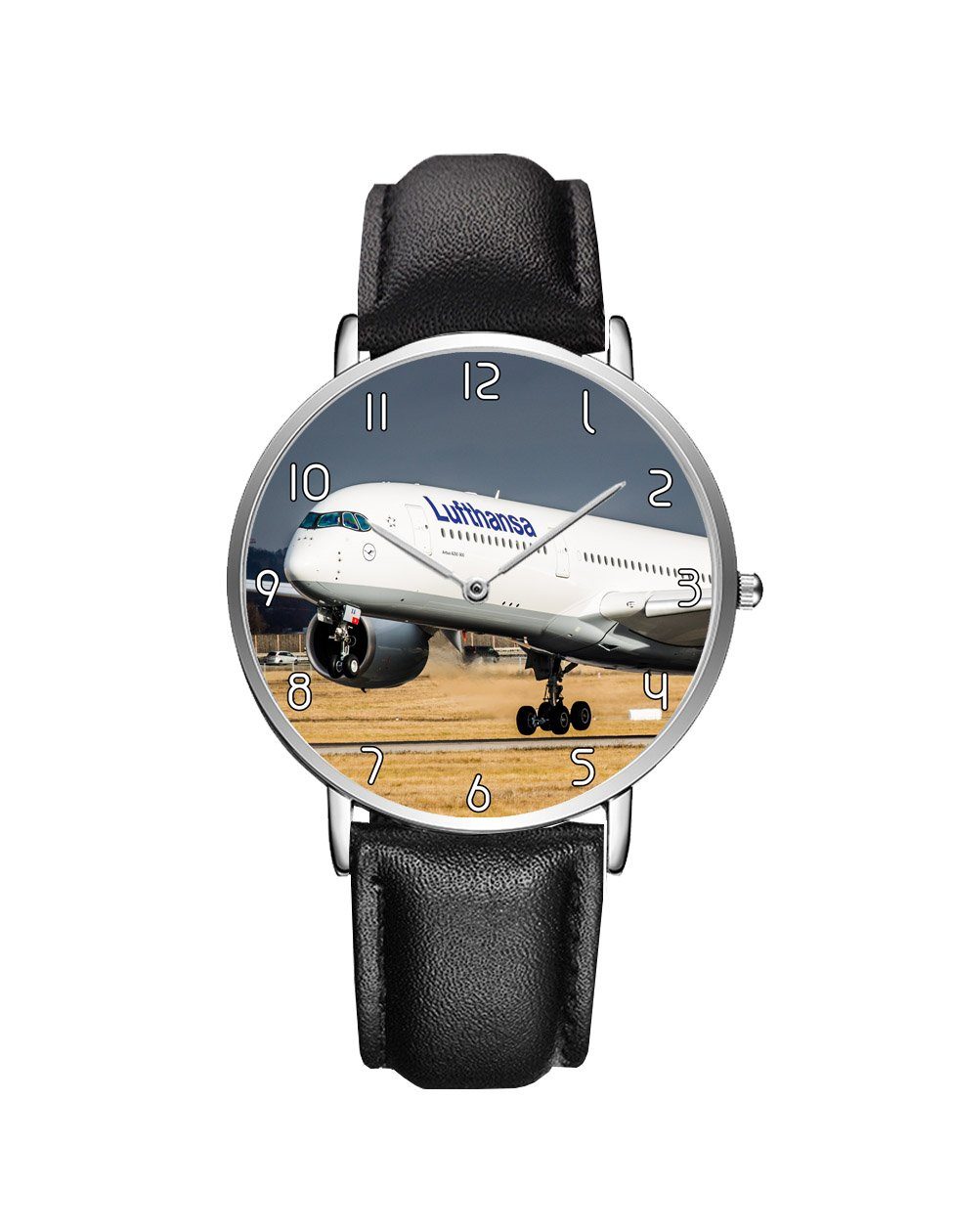 Lutfhansa A350 Printed Leather Strap Watches Aviation Shop Silver & Black Leather Strap 