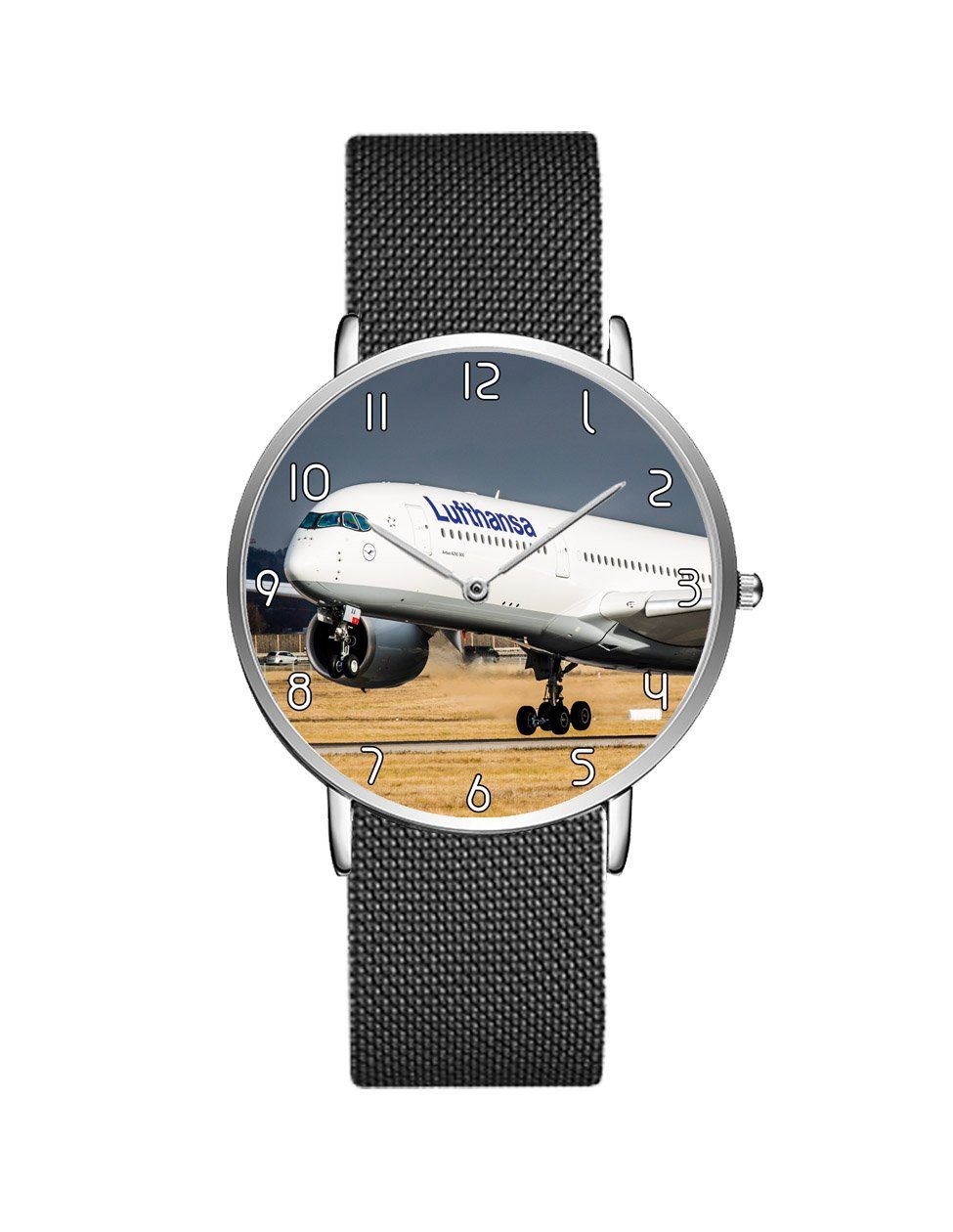 Lutfhansa A350 Printed Stainless Steel Strap Watches Aviation Shop Silver & Black Stainless Steel Strap 
