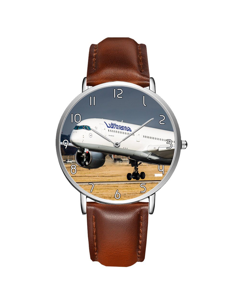 Lutfhansa A350 Printed Leather Strap Watches Aviation Shop Silver & Brown Leather Strap 