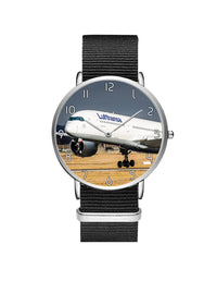 Thumbnail for Lutfhansa A350 Printed Leather Strap Watches Aviation Shop Silver & Black Nylon Strap 