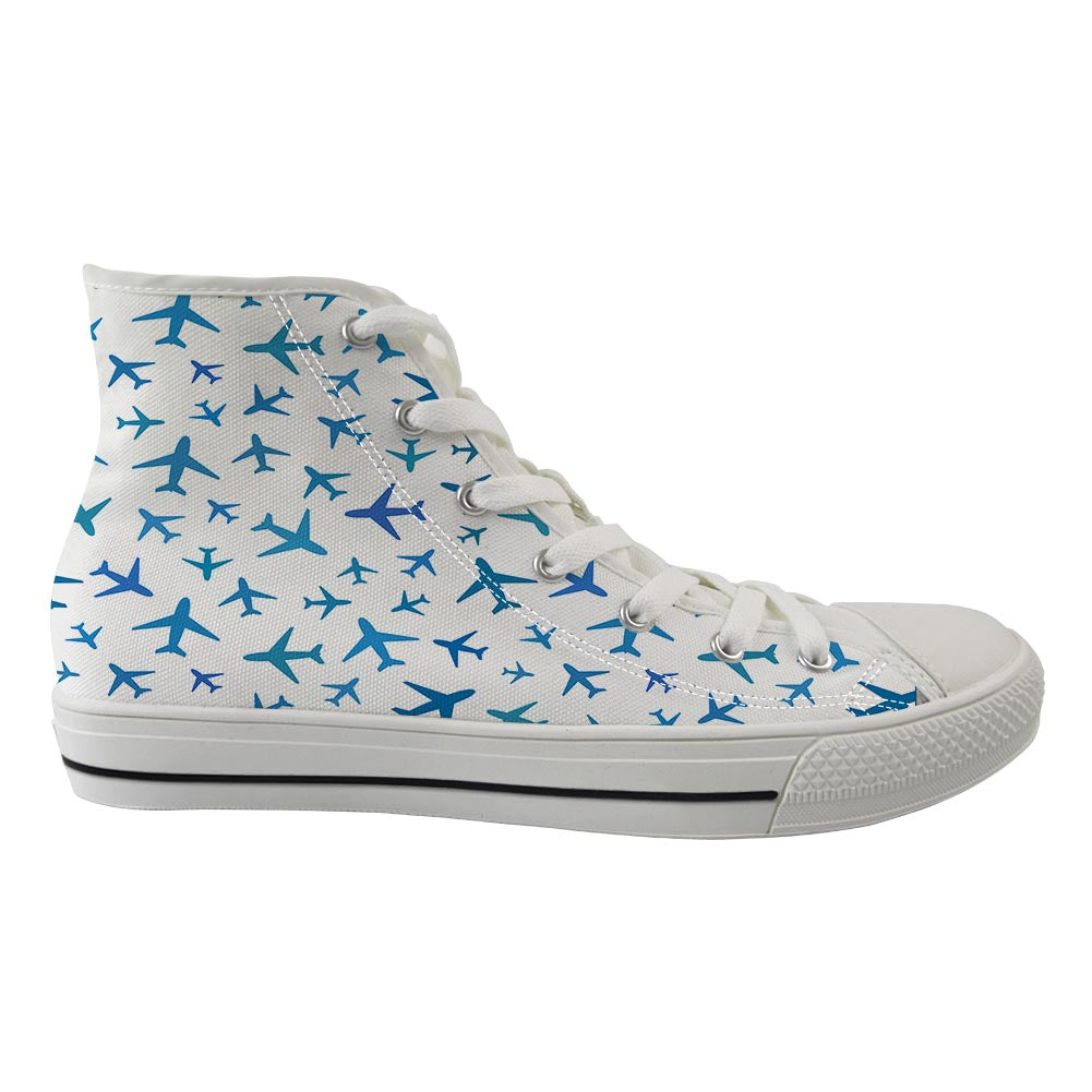 Many Airplanes White Designed Long Canvas Shoes (Women)