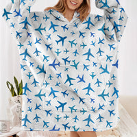 Thumbnail for Many Airplanes White Designed Blanket Hoodies