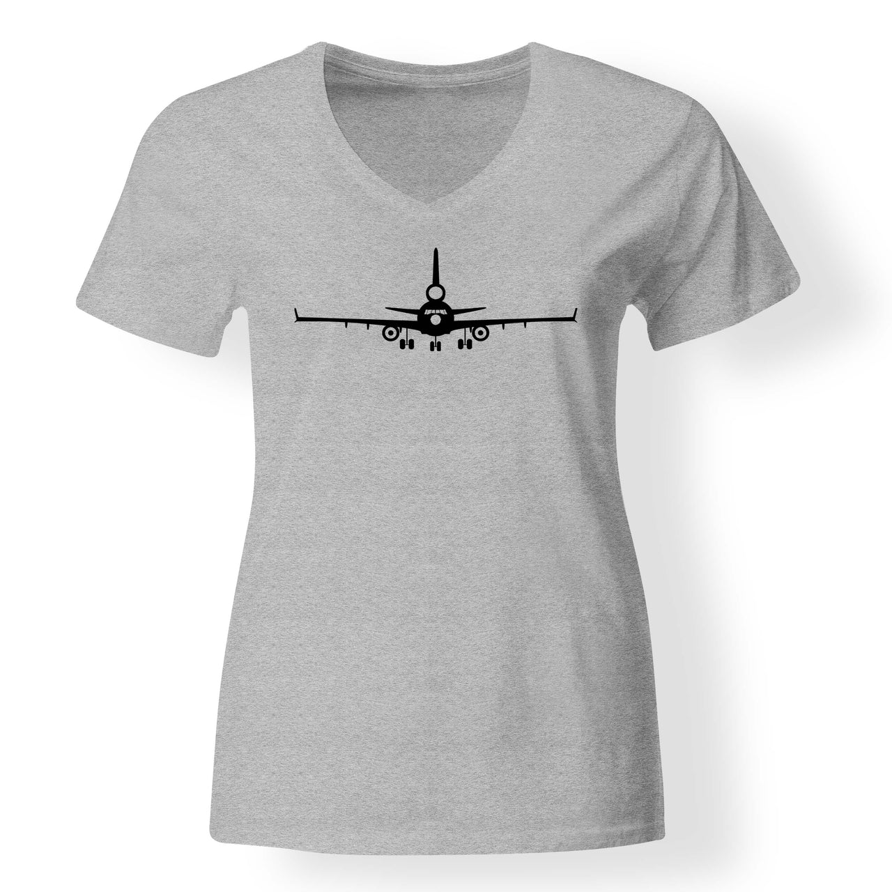 McDonnell Douglas MD-11 Silhouette Plane Designed V-Neck T-Shirts