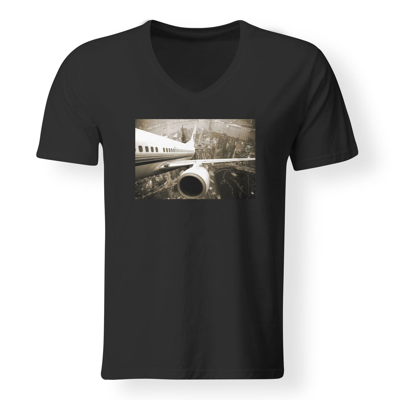 Departing Aircraft & City Scene behind Designed V-Neck T-Shirts