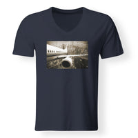 Thumbnail for Departing Aircraft & City Scene behind Designed V-Neck T-Shirts