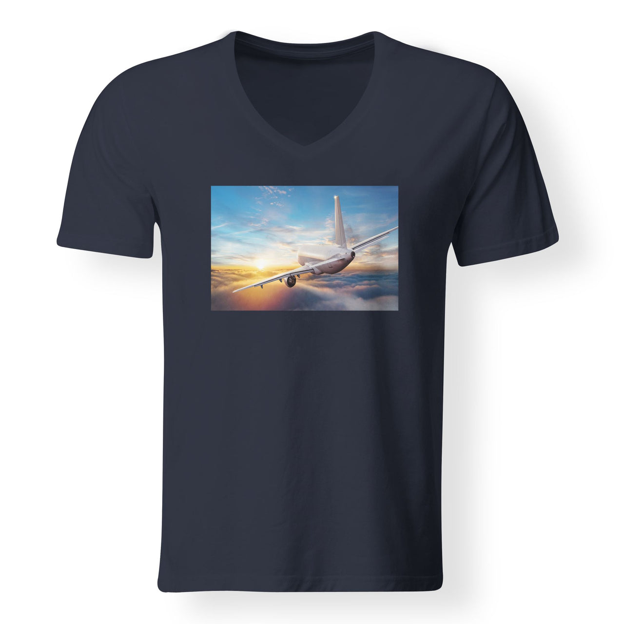 Airliner Jet Cruising over Clouds Designed V-Neck T-Shirts