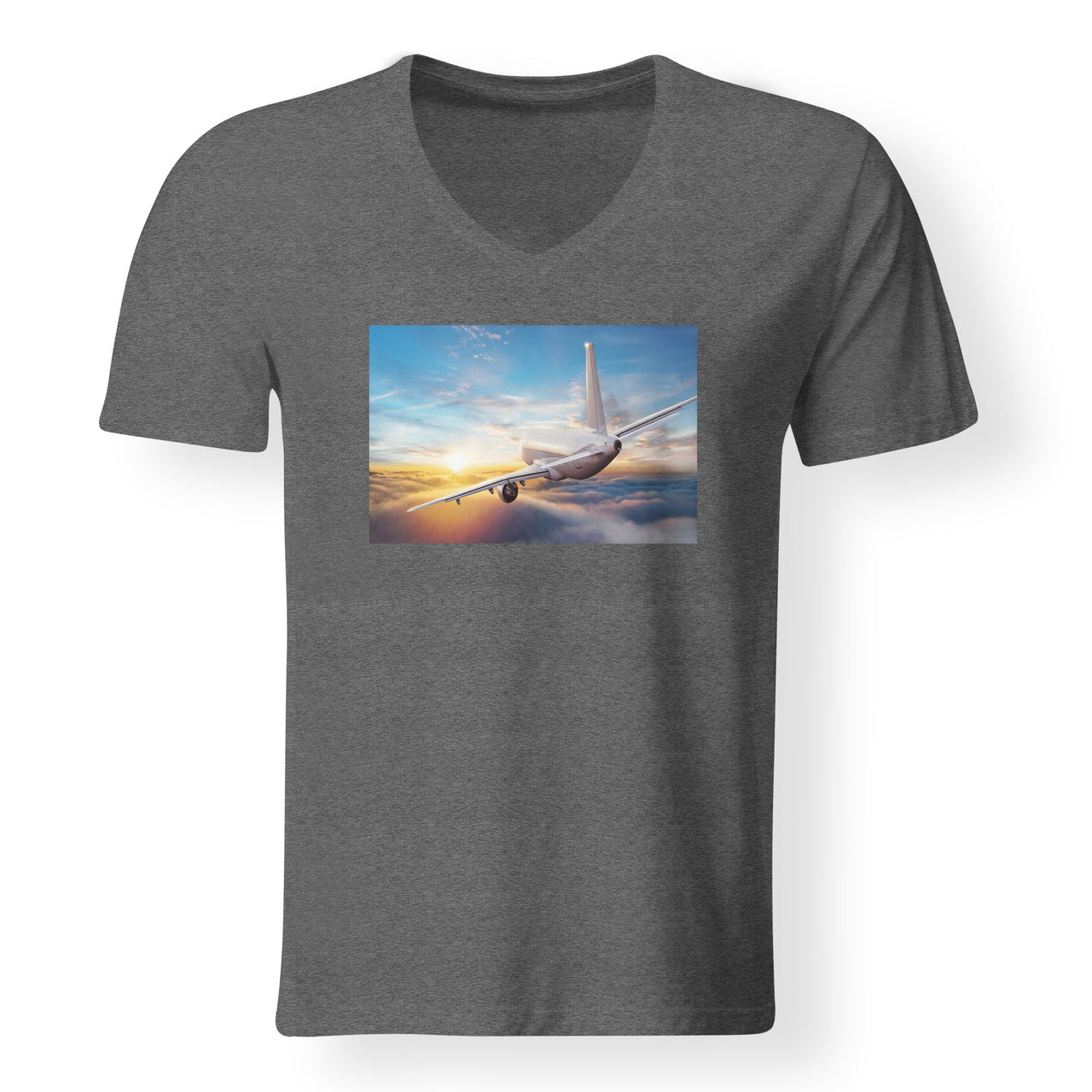 Airliner Jet Cruising over Clouds Designed V-Neck T-Shirts