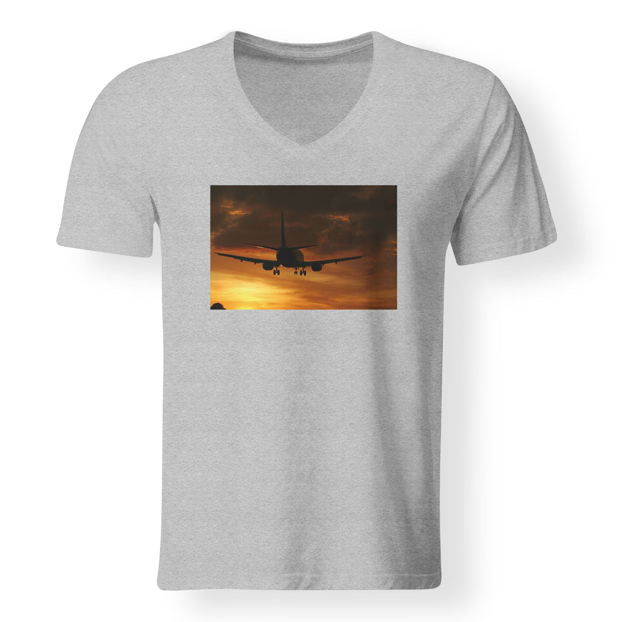 Beautiful Aircraft Landing at Sunset Designed V-Neck T-Shirts